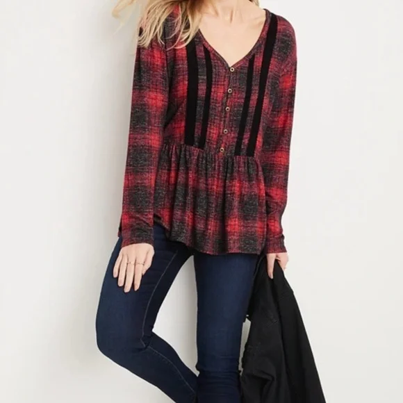 Alison Andrews Babydoll V-Neck Peasant Sleeve Blouse M Red Plaid - Picture 5 of 8